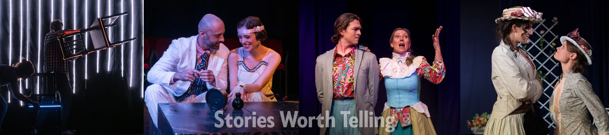 Stories Worth Telling. A banner of Open House Theatre's past productions including Constellations, The Great Gatsby, An Ideal Husband, and The Importance of Being Earnest.