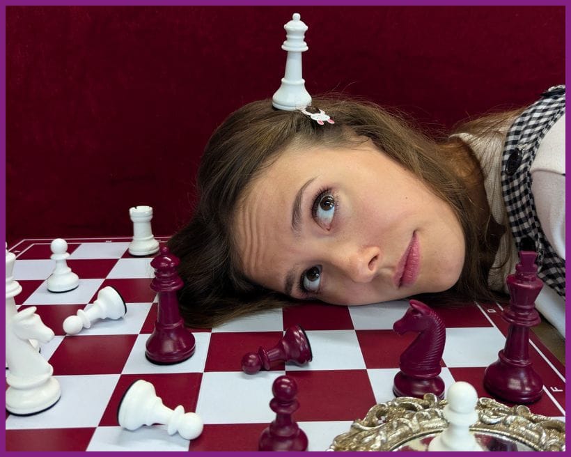 Alice on a chessboard, surrounded by white and red chess pieces.