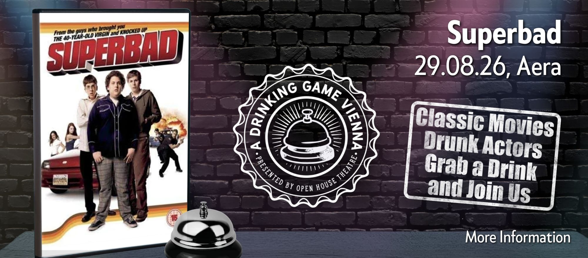 A link to the Drinking Game ticket page, showing the upcoming show.